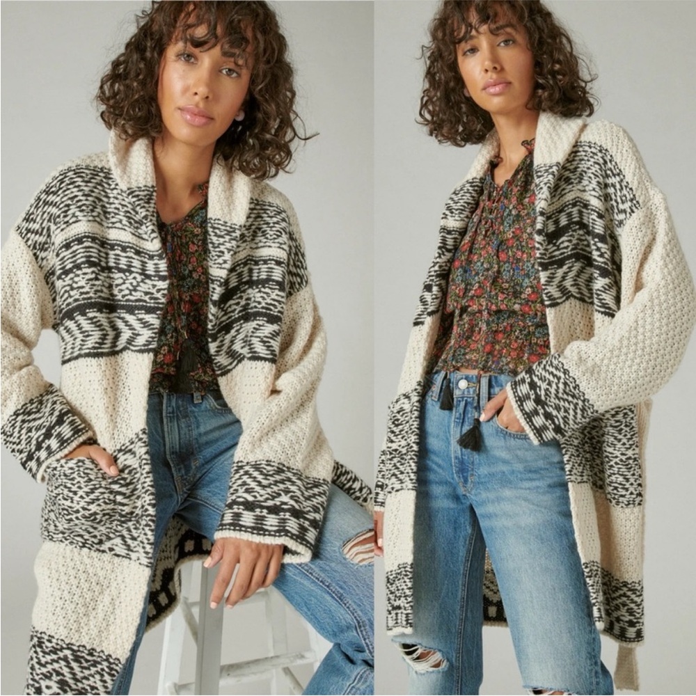 Lucky Brand Fair Isle Print Coatigan | Cream & Black | XXL | NWOT